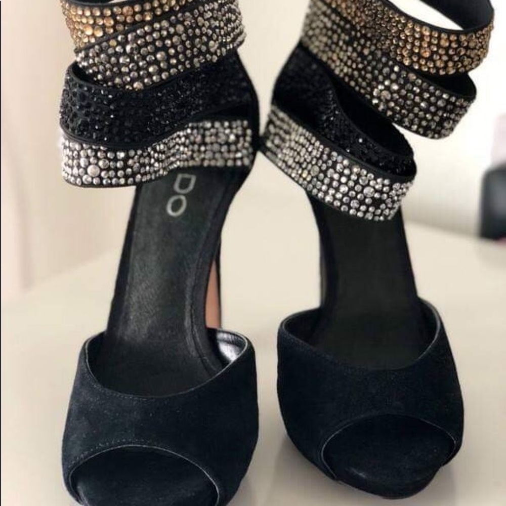 Suede Aldo heels with rhinestone straps